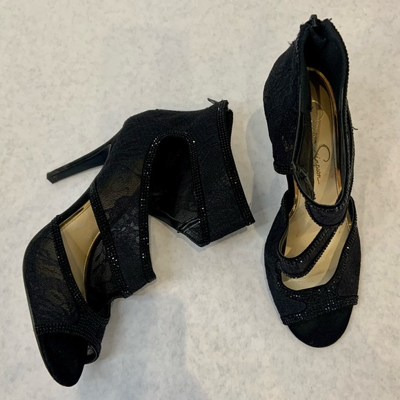 Jessica Simpson strappy black mesh lace and rhinestone heels with zipper detail - Picture 2 of 7